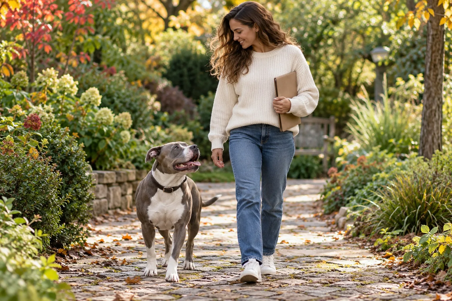 Owner walking a dog along a leafy garden path